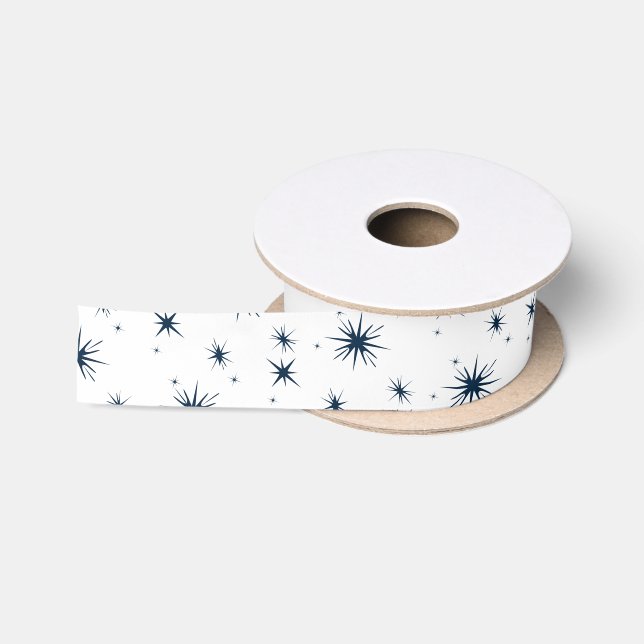 White Christmas Blue Stars Satin Ribbon (Spool)