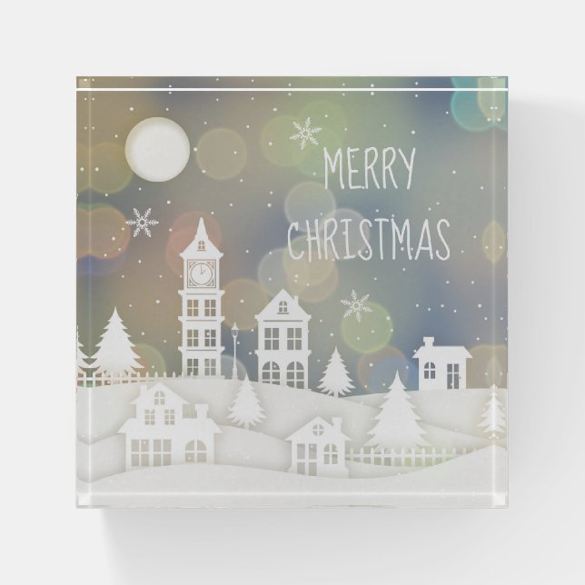 White Christmas Bokeh Lights Paperweight (Front)