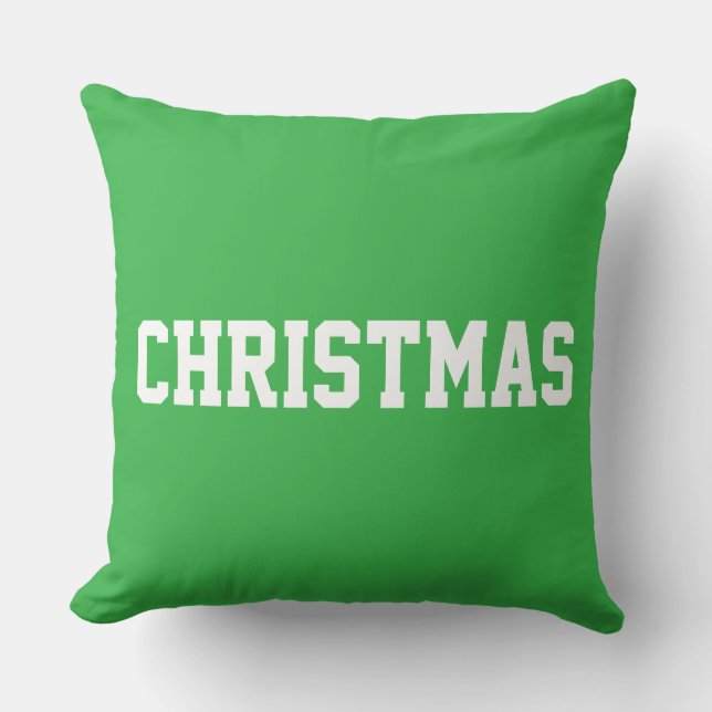 White CHRISTMAS Bold Text On Festive Bright Green Throw Pillow (Front)