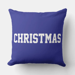 White CHRISTMAS Bold Text On Festive Deep Blue Throw Pillow
