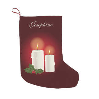White Christmas Candles On Red With Custom Name Small Christmas Stocking