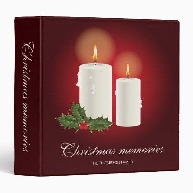 White Christmas Candles On Red With Custom Text 3 Ring Binder (Front/Spine)