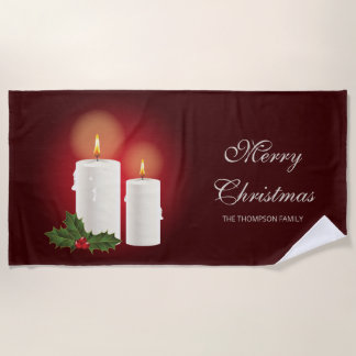 White Christmas Candles On Red With Custom Text Beach Towel