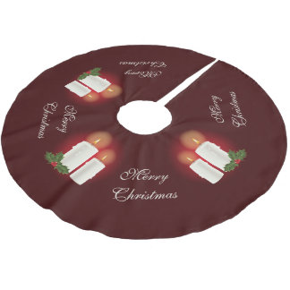 White Christmas Candles On Red With Custom Text Brushed Polyester Tree Skirt