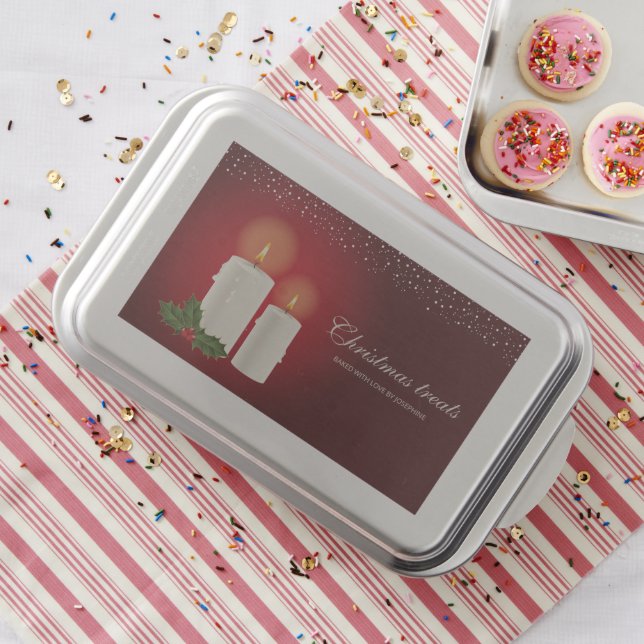 White Christmas Candles On Red With Custom Text Cake Pan (In Situ)