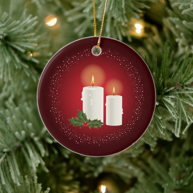 White Christmas Candles On Red With Custom Text Ceramic Ornament (Tree)
