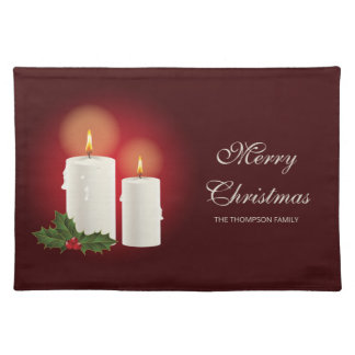 White Christmas Candles On Red With Custom Text Cloth Placemat