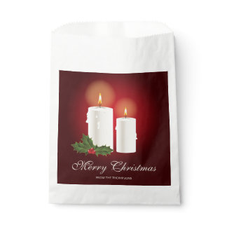 White Christmas Candles On Red With Custom Text Favor Bag
