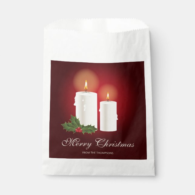 White Christmas Candles On Red With Custom Text Favor Bag (Front)