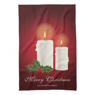 White Christmas Candles On Red With Custom Text Kitchen Towel