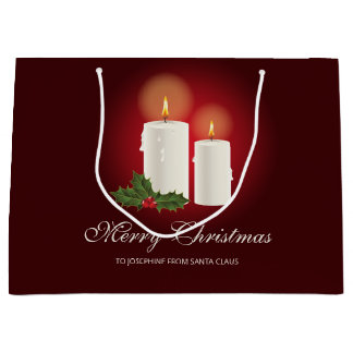White Christmas Candles On Red With Custom Text Large Gift Bag