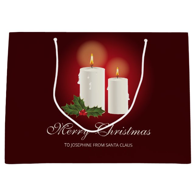 White Christmas Candles On Red With Custom Text Large Gift Bag (Front)