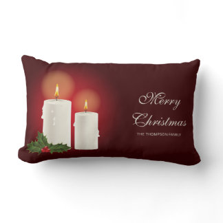 White Christmas Candles On Red With Custom Text Lumbar Pillow