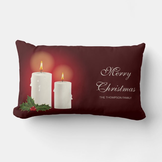 White Christmas Candles On Red With Custom Text Lumbar Pillow (Front)