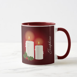White Christmas Candles On Red With Custom Text Mug