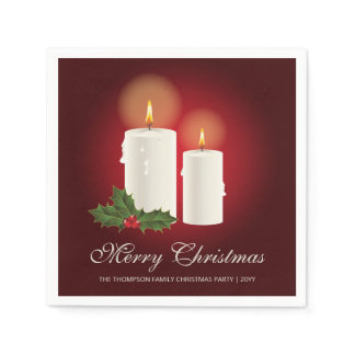 White Christmas Candles On Red With Custom Text Napkins