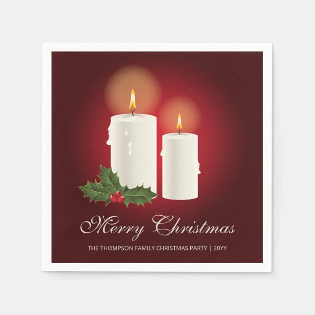 White Christmas Candles On Red With Custom Text Napkins (Front)