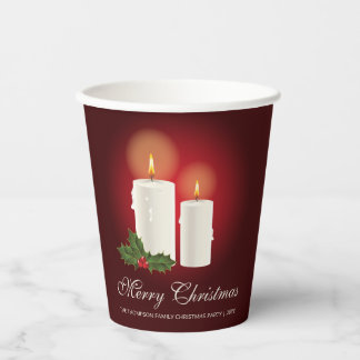 White Christmas Candles On Red With Custom Text Paper Cups