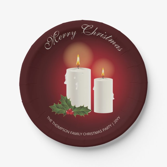 White Christmas Candles On Red With Custom Text Paper Plates (Front)
