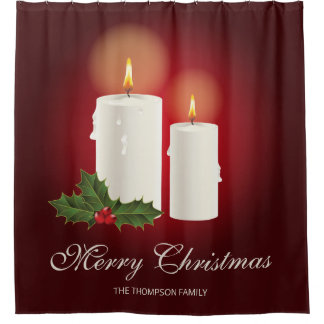 White Christmas Candles On Red With Custom Text Shower Curtain