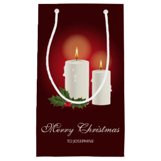 White Christmas Candles On Red With Custom Text Small Gift Bag
