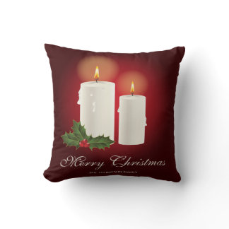White Christmas Candles On Red With Custom Text Throw Pillow
