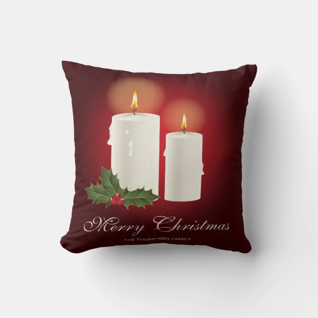 White Christmas Candles On Red With Custom Text Throw Pillow (Front)