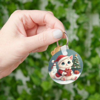 White Christmas Cat Button Keychain