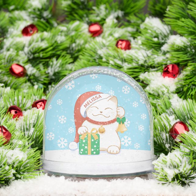 White Christmas Cat Custom Name Snow Globe (Christmas)