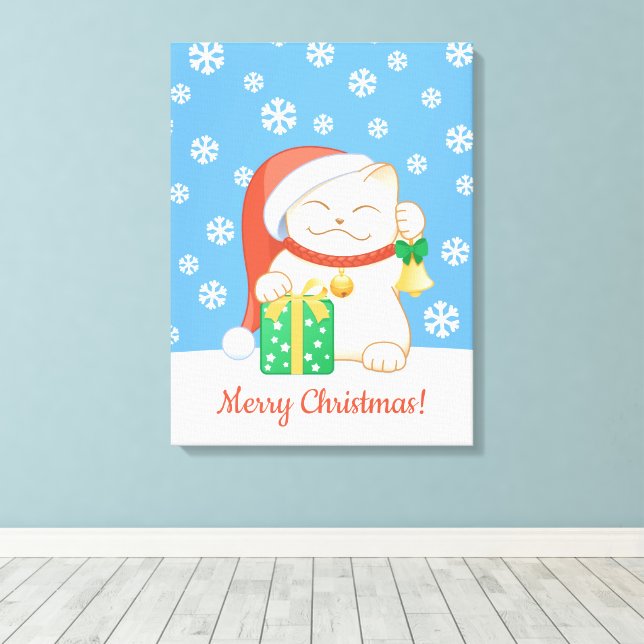 White Christmas Cat in a Red Hat Canvas Print (Insitu(Wood Floor))