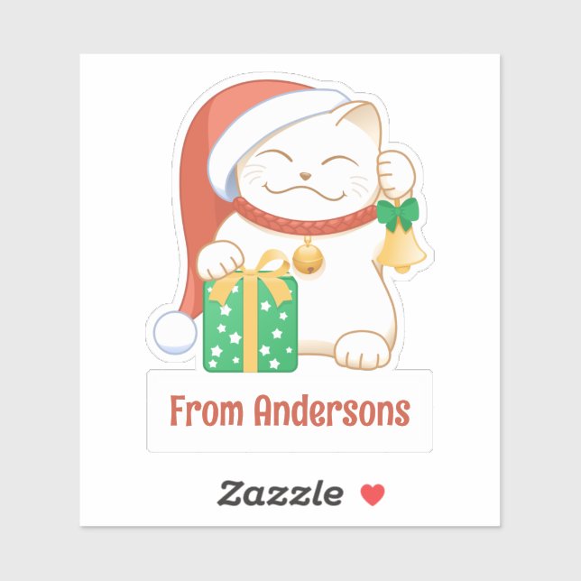 White Christmas Cat in a Red Hat Custom Text Sticker (Sheet)