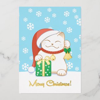 White Christmas Cat in a Red Hat Foil Holiday Card