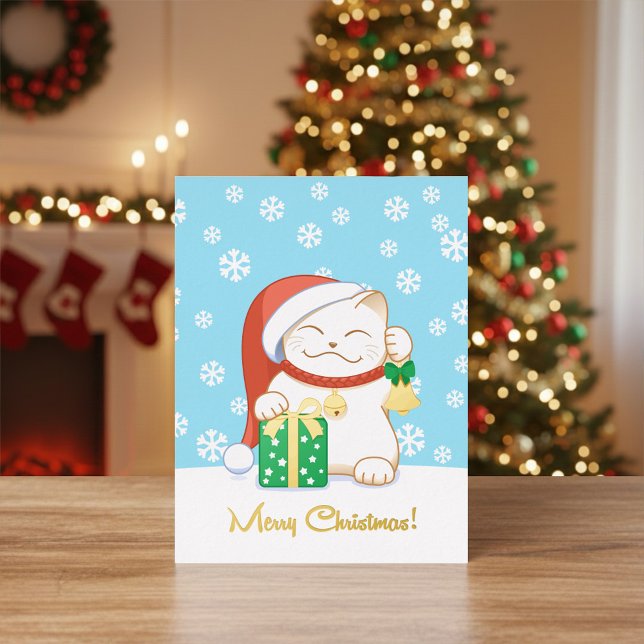 White Christmas Cat in a Red Hat Foil Holiday Postcard (Creator Uploaded)