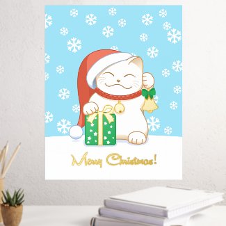 White Christmas Cat in a Red Hat
