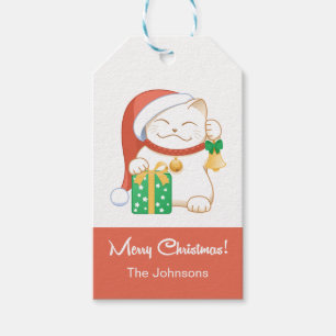 White Christmas Cat in a Red Hat Gift Tags