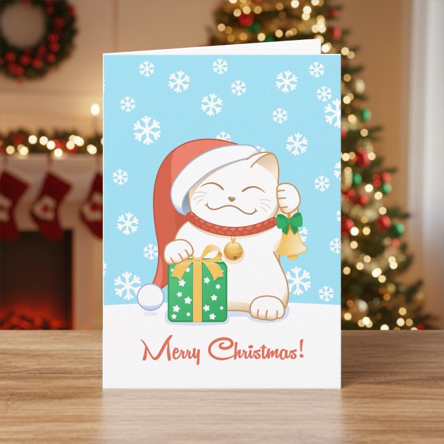 White Christmas Cat in a Red Hat Holiday Card (Creator Uploaded)