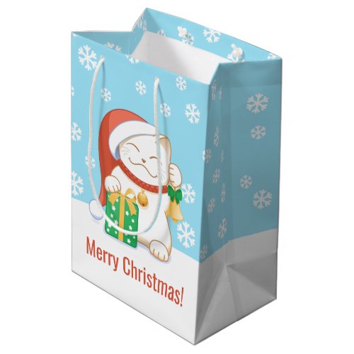 White Christmas Cat in a Red Hat Medium Gift Bag