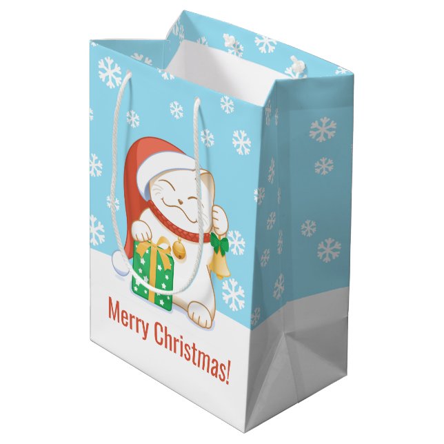 White Christmas Cat in a Red Hat Medium Gift Bag (Back Angled)