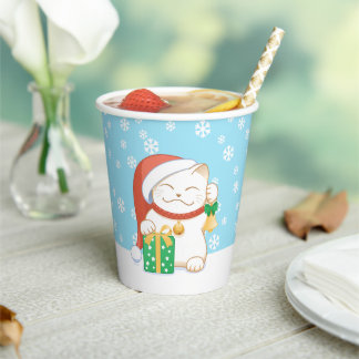 White Christmas Cat in a Red Hat Paper Cups