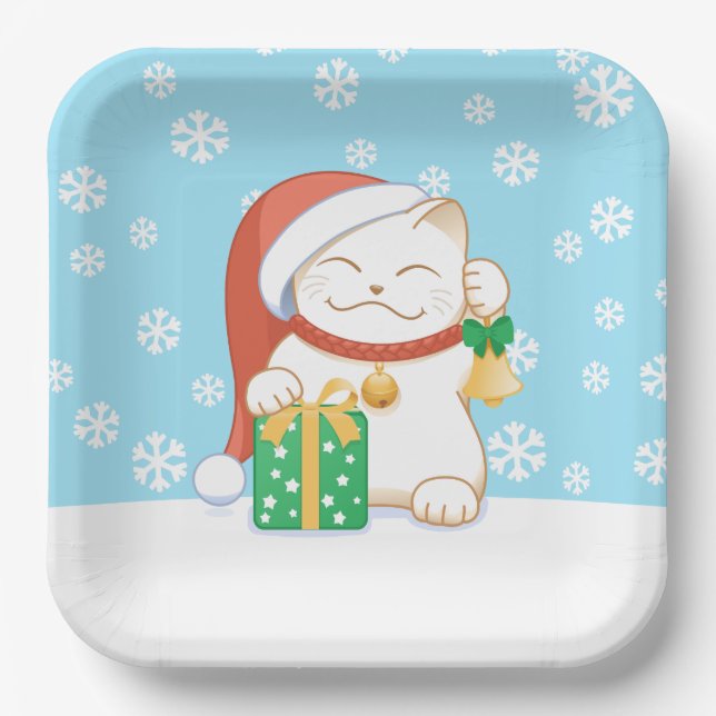 White Christmas Cat in a Red Hat Paper Plates (Front)