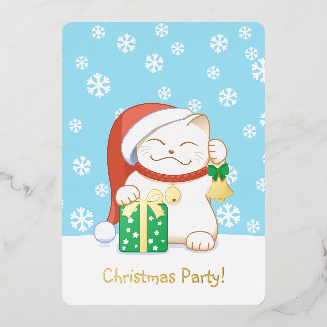 White Christmas Cat in a Red Hat Party Foil Invitation (Front)