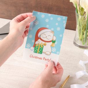 White Christmas Cat in a Red Hat Party Insert Vellum Invitations