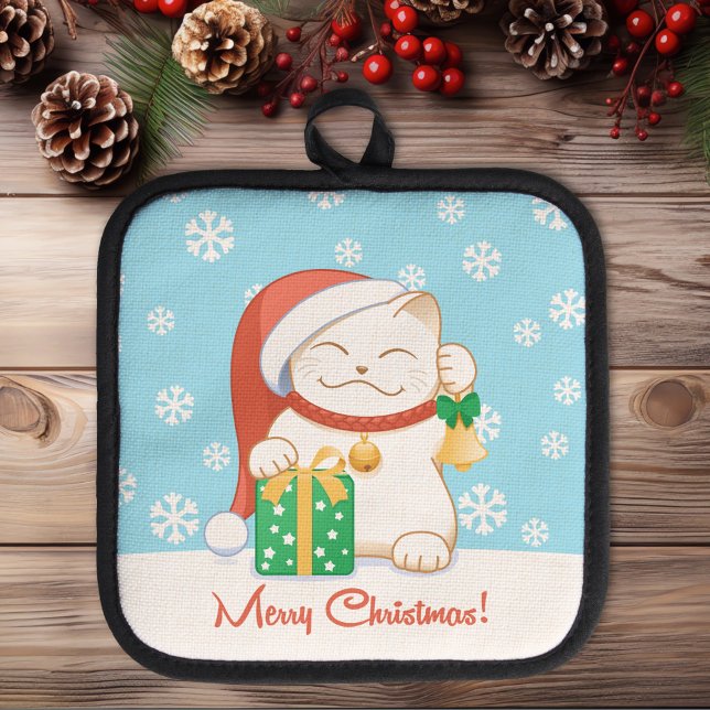 White Christmas Cat in a Red Hat Pot Holder (Creator Uploaded)