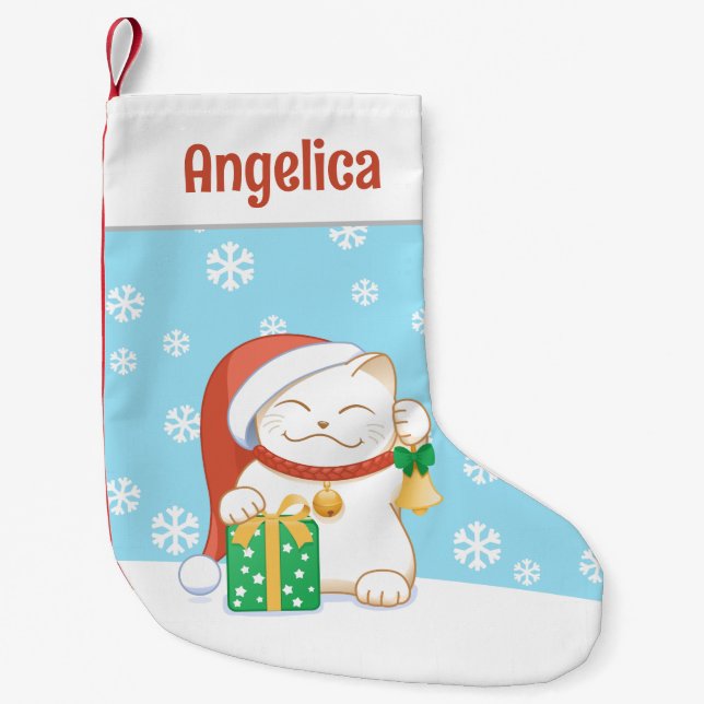 White Christmas Cat in a Red Hat Small Christmas Stocking (Front)