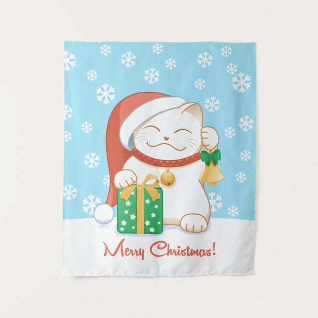 White Christmas Cat in a Red Hat Tapestry (Front)