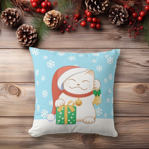 White Christmas Cat in a Red Hat Throw Pillow