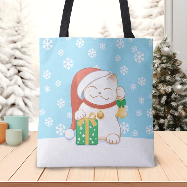 White Christmas Cat in a Red Hat Tote Bag (Creator Uploaded)