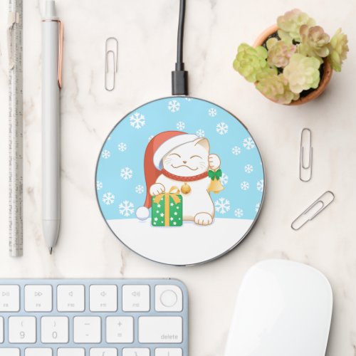 White Christmas Cat in a Red Hat Wireless Charger