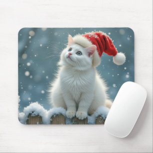 White Christmas Cat On a Snowy Fence Mouse Pad