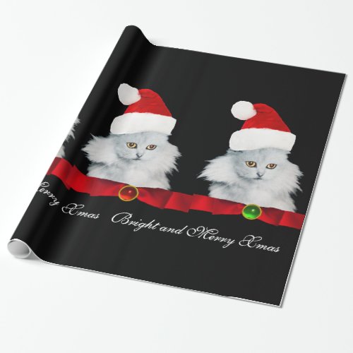 WHITE CHRISTMAS CATSANTA CLAUS HAT AND RED RIBBON WRAPPING PAPER